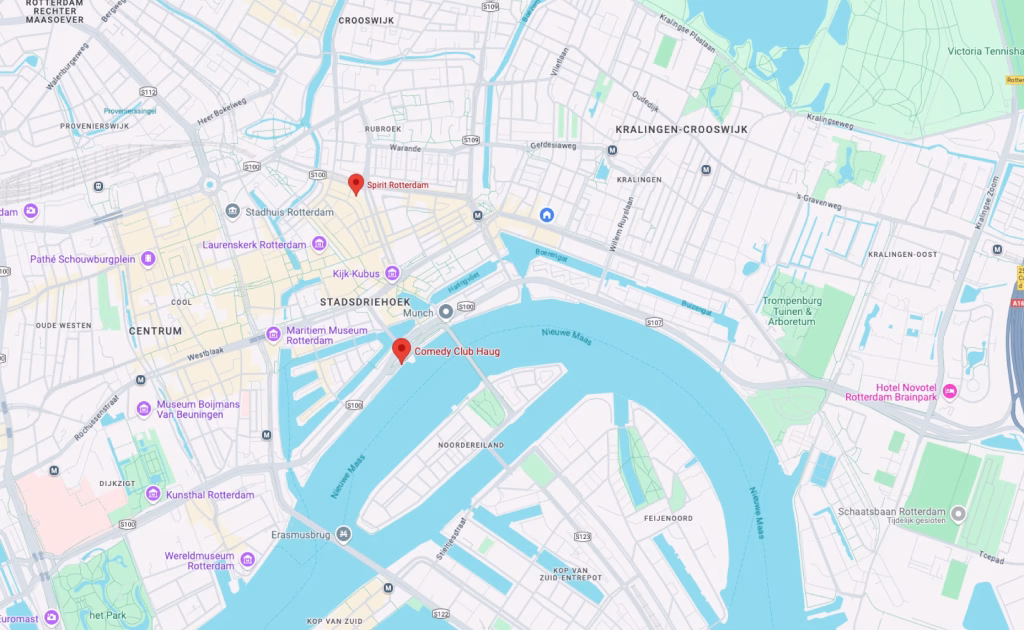 De kaart van Rotterdam, met twee markeringen voor Spirit en voor Club Haug.